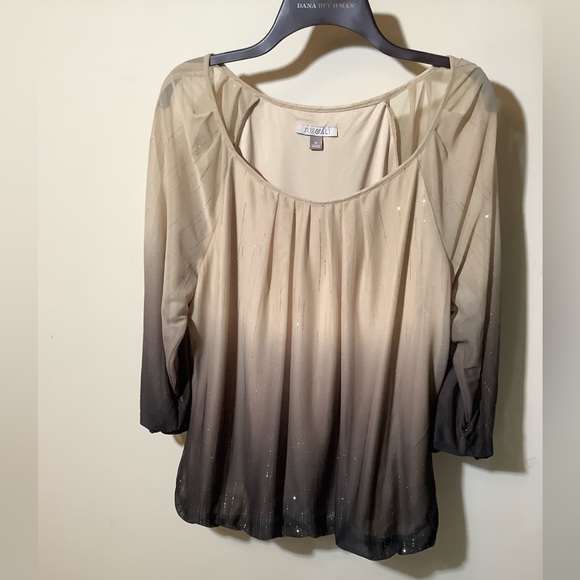 Haut Chico's Taille 2 - Soie Taupe Ombré Métallisé, Manches 3/4 - Neuf Sans étiquettes